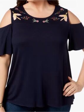 Style & Co Navy Cold-Shoulder Embroidered Flowy Top women’s 2X boho Short Sleeve